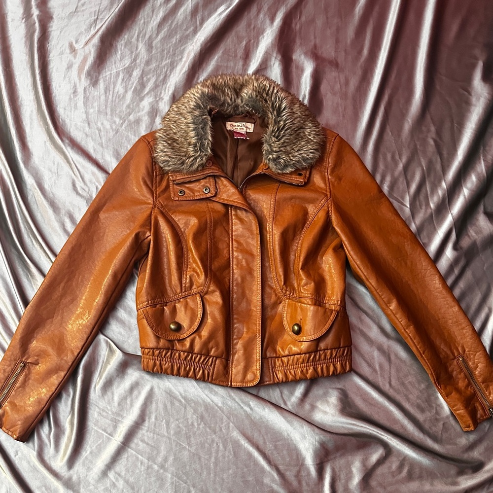 Brown Faux Leather Jacket with Fur Collar